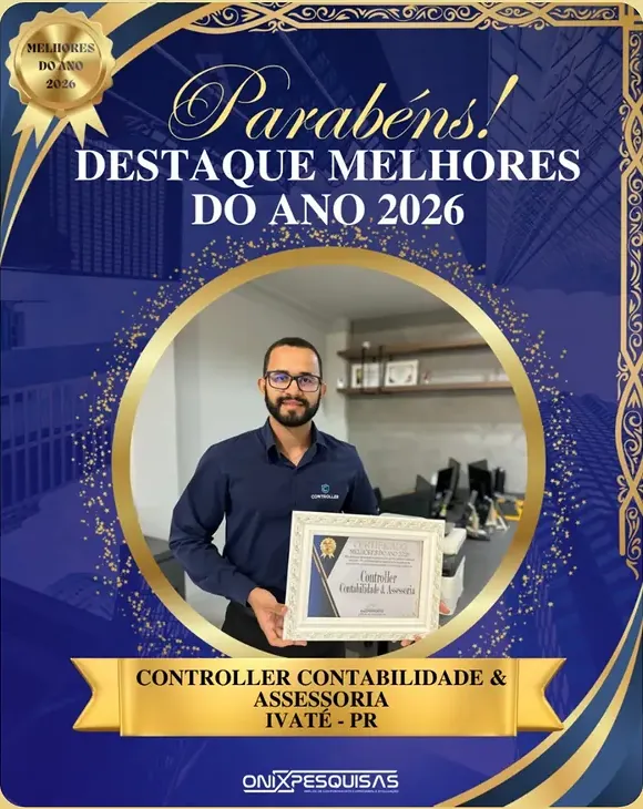 Arte da ONIX Pesquisas, “Destaque Melhores do Ano 2026”, com o Vitor segurando o certificado da Controller Contabilidade & Assessoria, Ivaté-PR.