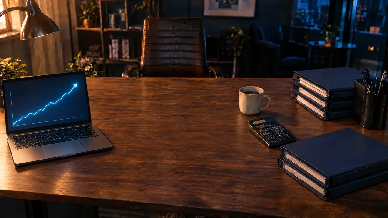 Mesa de escritório organizada: pastas azuis empilhadas, café e um notebook aberto com um gráfico subindo.